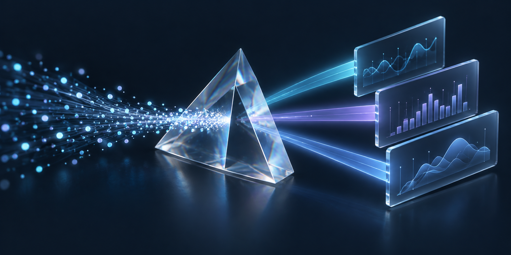 Light signals pass through a transparent prism and resolve into clear analysis records